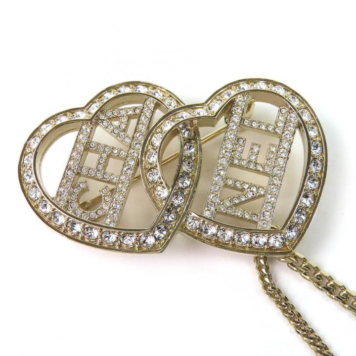 Excellent CHANEL Brooch COCO Mark Metal Strass Double Heart Chain C23B ABB655