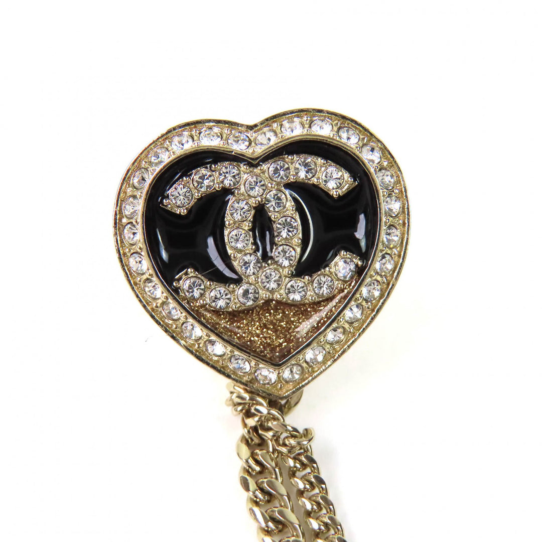 Excellent CHANEL Brooch COCO Mark Metal Strass Double Heart Chain C23B ABB655