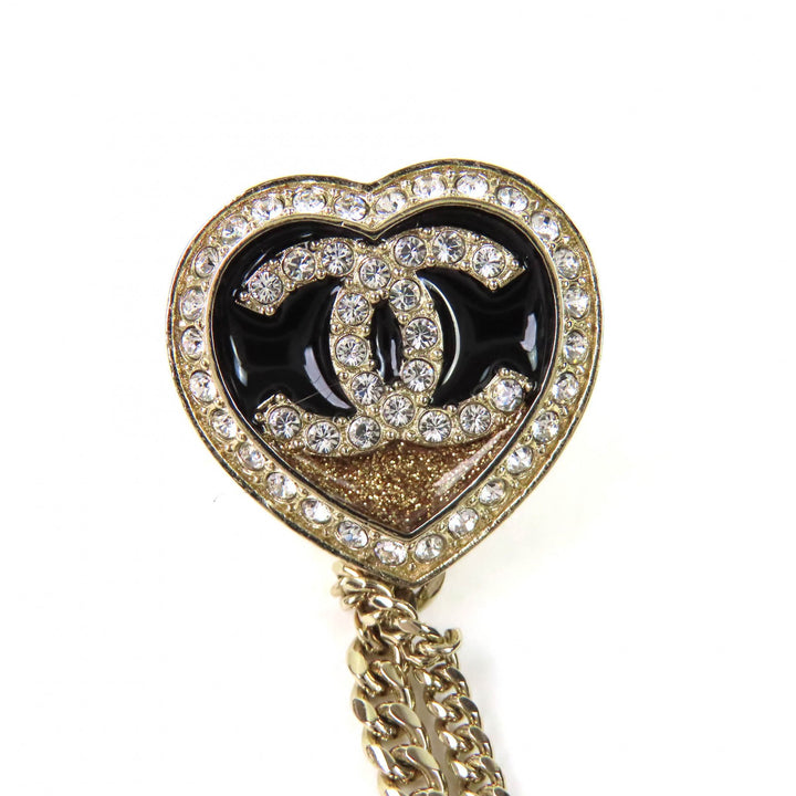 Excellent CHANEL Brooch COCO Mark Metal Strass Double Heart Chain C23B ABB655