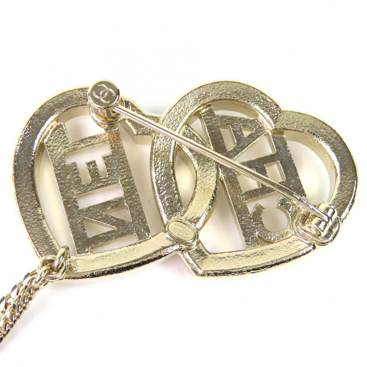 Excellent CHANEL Brooch COCO Mark Metal Strass Double Heart Chain C23B ABB655