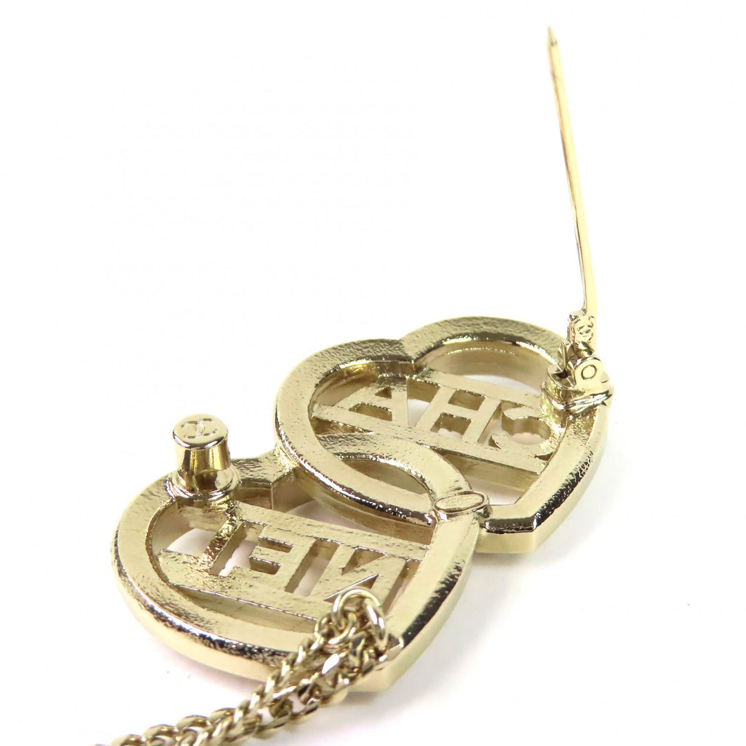 Excellent CHANEL Brooch COCO Mark Metal Strass Double Heart Chain C23B ABB655