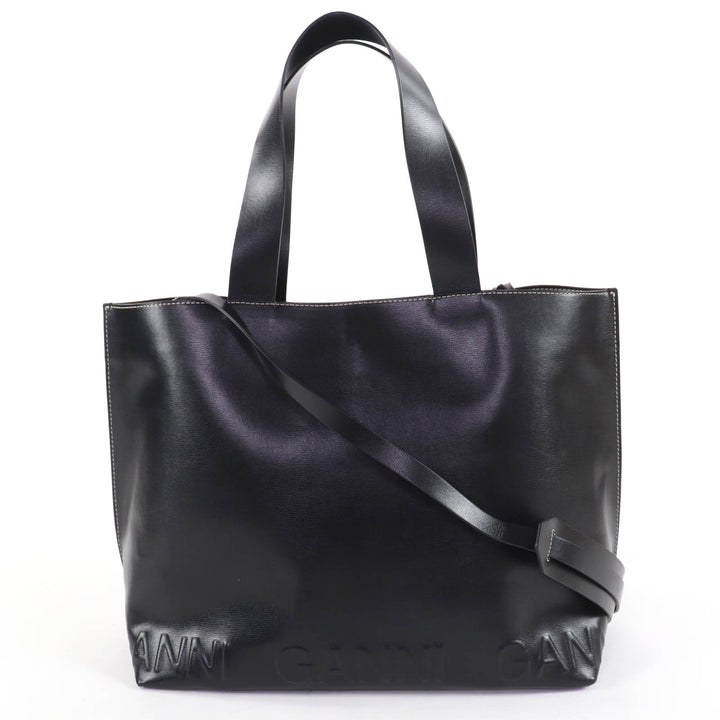 Great GANNI Banner Tote Bag Large Logo Design 2-Way Shoulder Bag Handbag leather