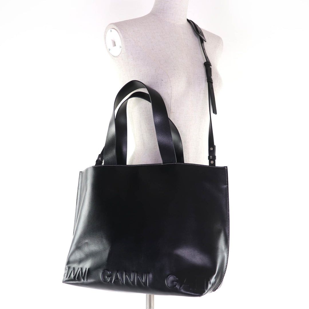 Great GANNI Banner Tote Bag Large Logo Design 2-Way Shoulder Bag Handbag leather