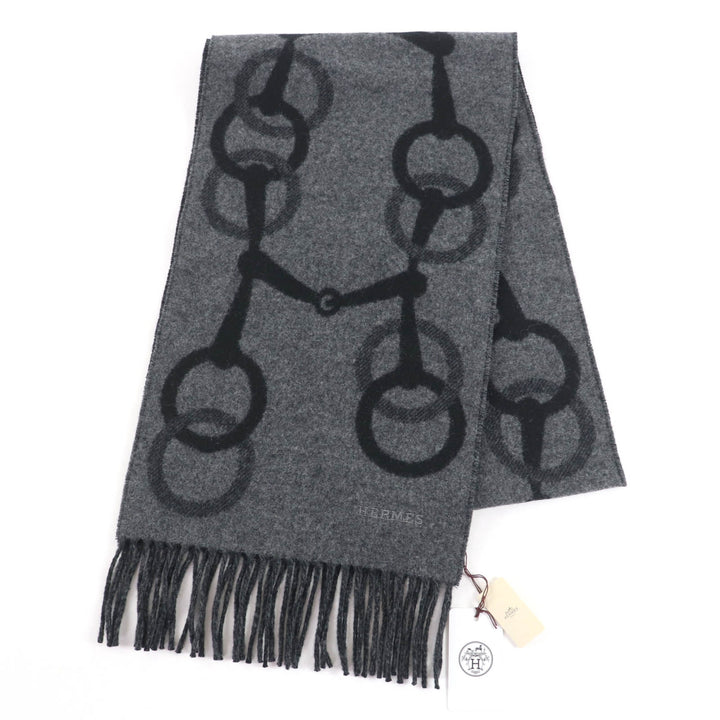 Pristine HERMES Scarf Any Mall Two-tone with logo and fringe gray cashmere mens