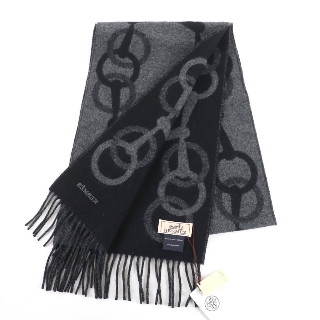 Pristine HERMES Scarf Any Mall Two-tone with logo and fringe gray cashmere mens