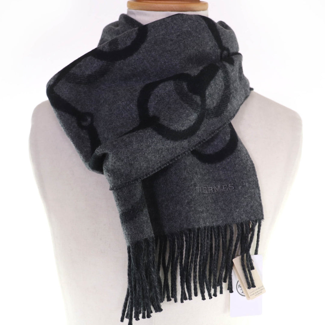 Pristine HERMES Scarf Any Mall Two-tone with logo and fringe gray cashmere mens
