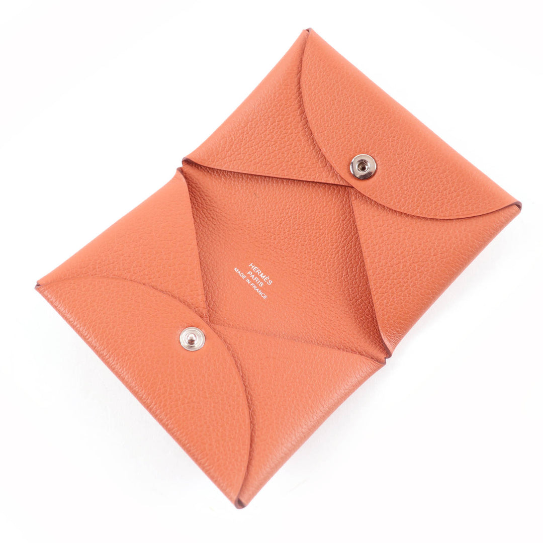Excellent HERMES Card Case Calvi Orange Epsom Leather Women