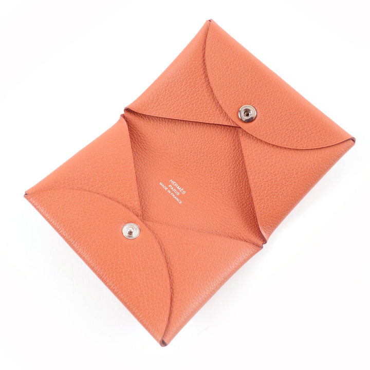 Excellent HERMES Card Case Calvi Orange Epsom Leather Women