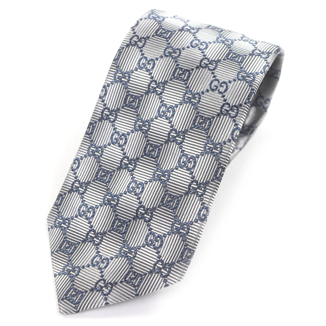 Excellent GUCCI tie GG logo all-over pattern Silver silk mens
