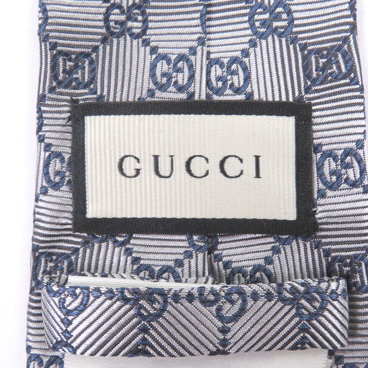 Excellent GUCCI tie GG logo all-over pattern Silver silk mens