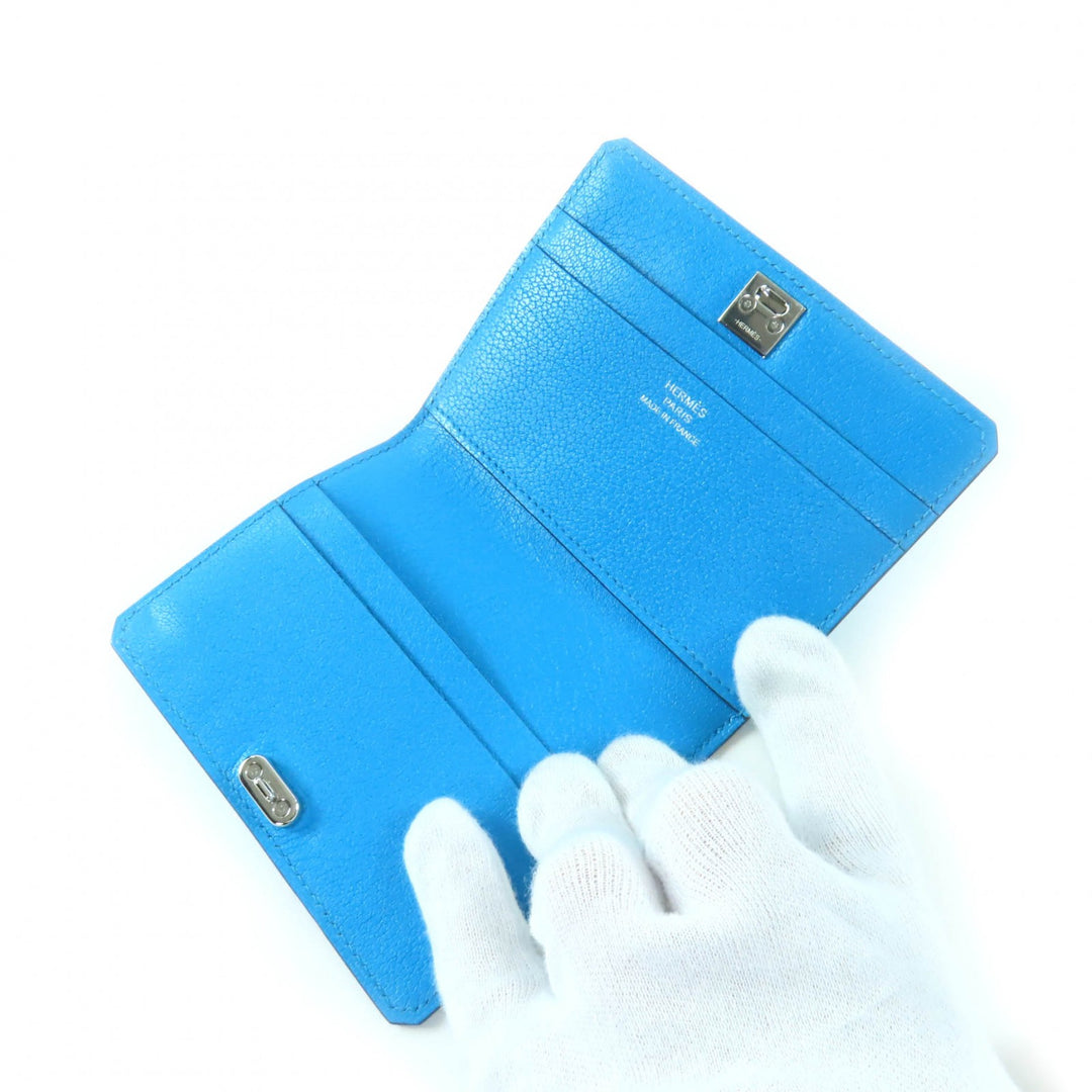 Excellent HERMES Card Case Medall blue leather Women