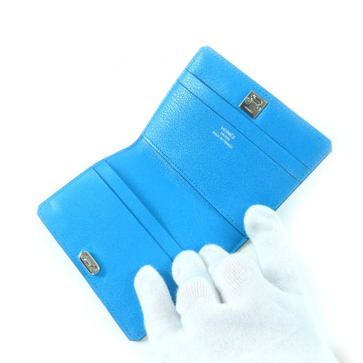 Excellent HERMES Card Case Medall blue leather Women