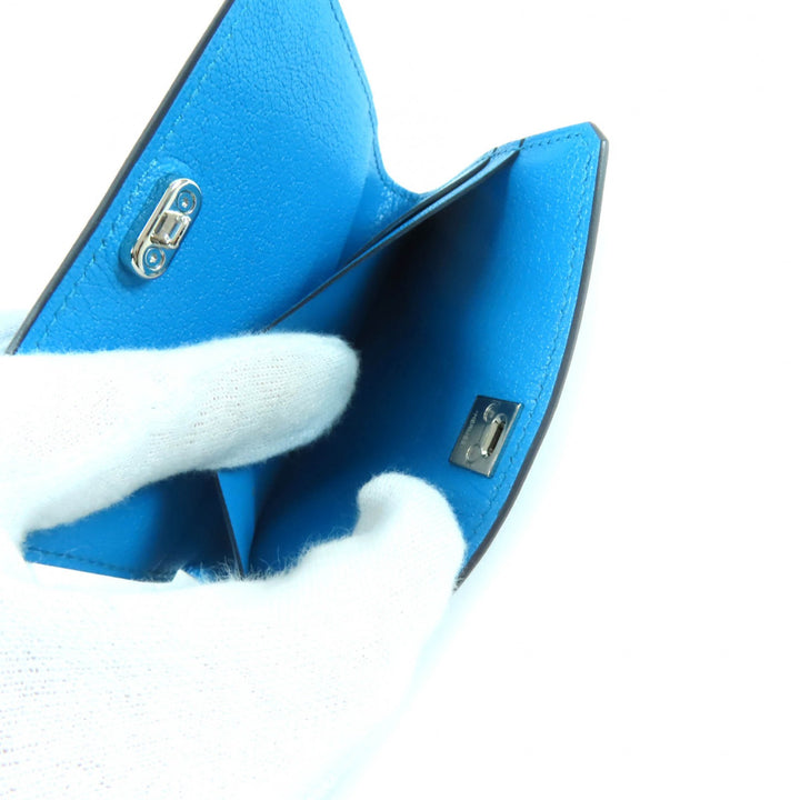 Excellent HERMES Card Case Medall blue leather Women