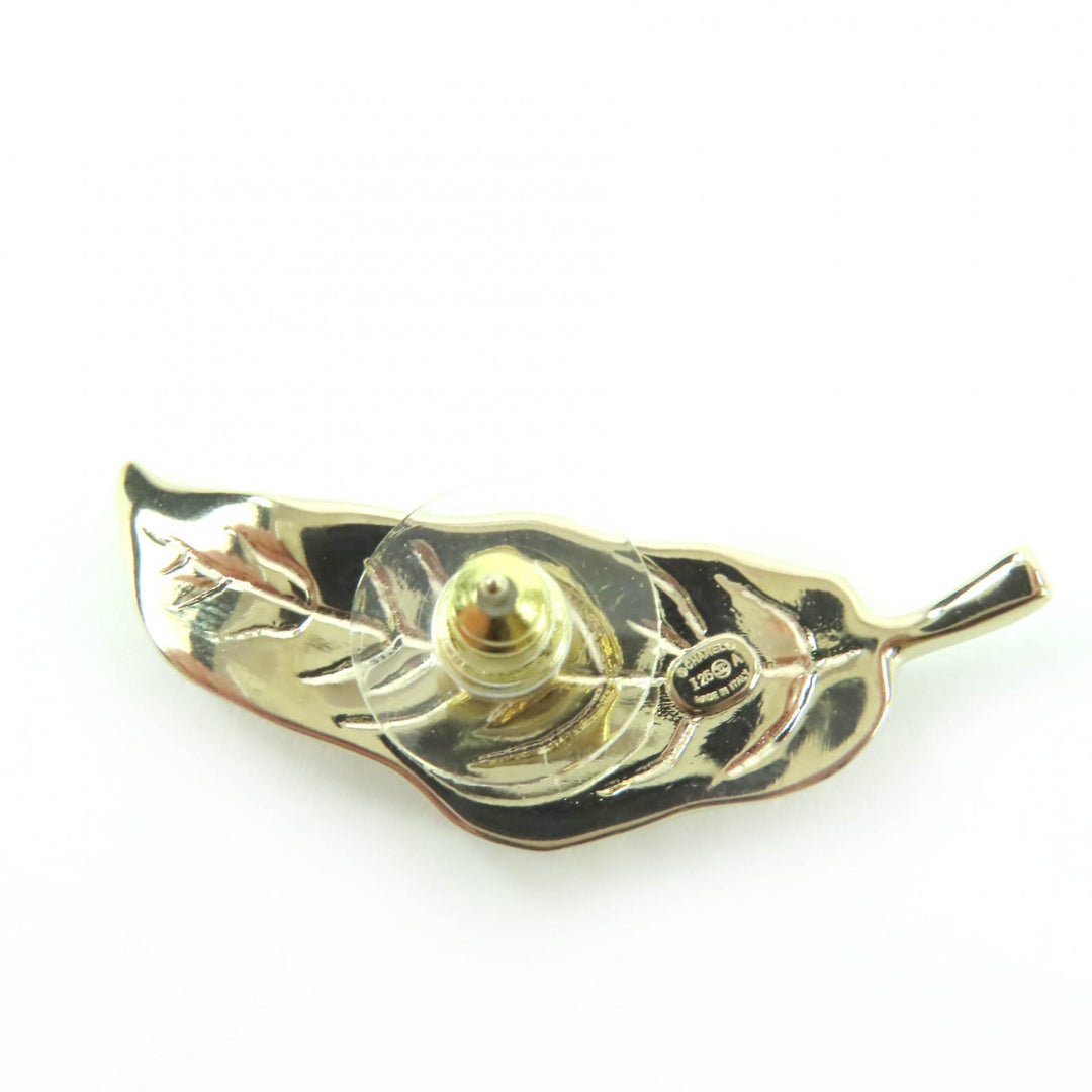 Excellent CHANEL Pierce COCO Mark Leaf Design Rhinestone gold Women I25A