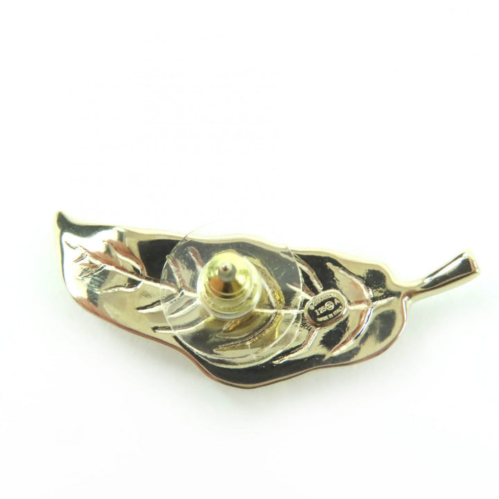 Excellent CHANEL Pierce COCO Mark Leaf Design Rhinestone gold Women I25A