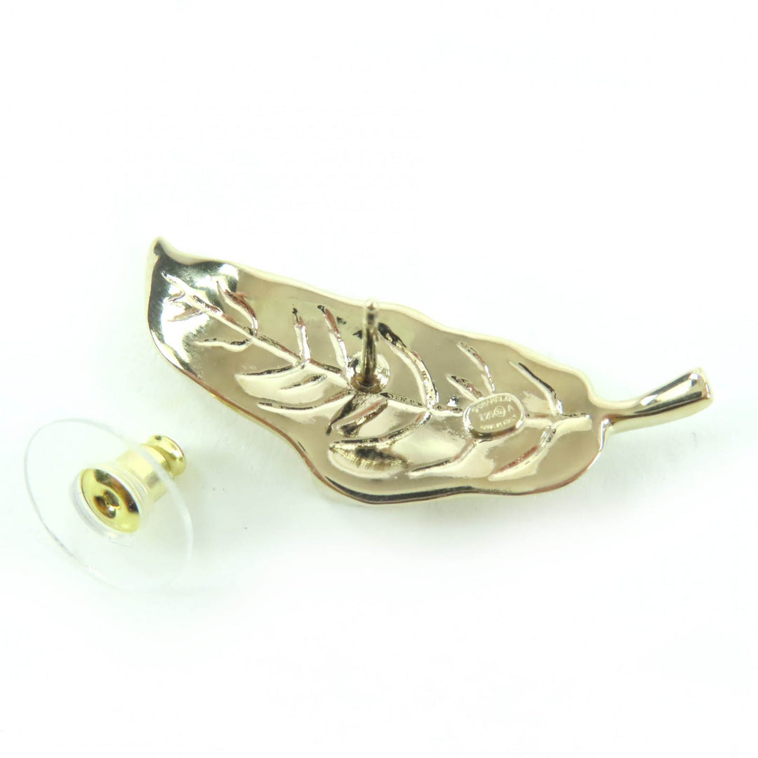Excellent CHANEL Pierce COCO Mark Leaf Design Rhinestone gold Women I25A