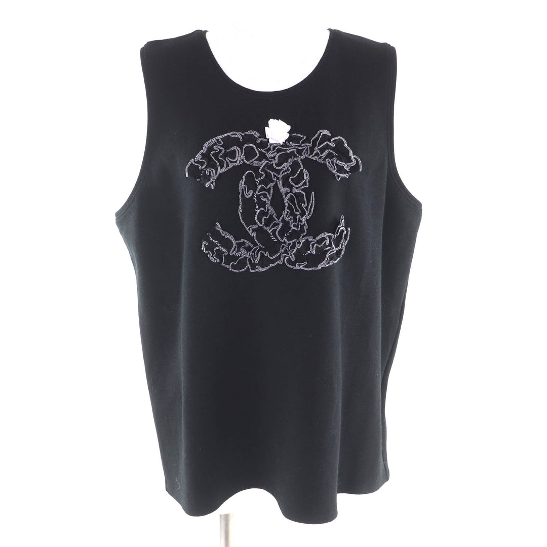 Great CHANEL Tank top Camellia Brooch with COCO Mark black wool Women 50 P64484