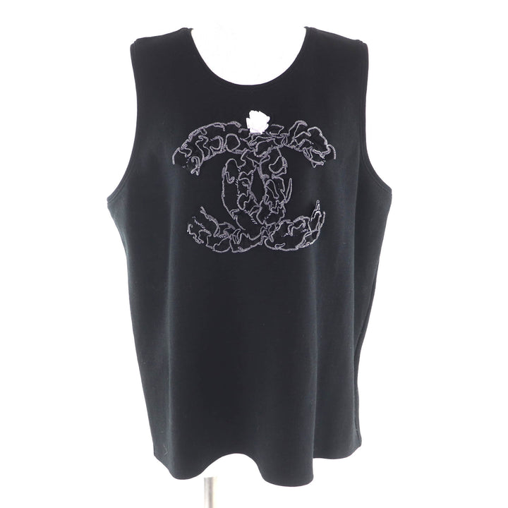 Great CHANEL Tank top Camellia Brooch with COCO Mark black wool Women 50 P64484
