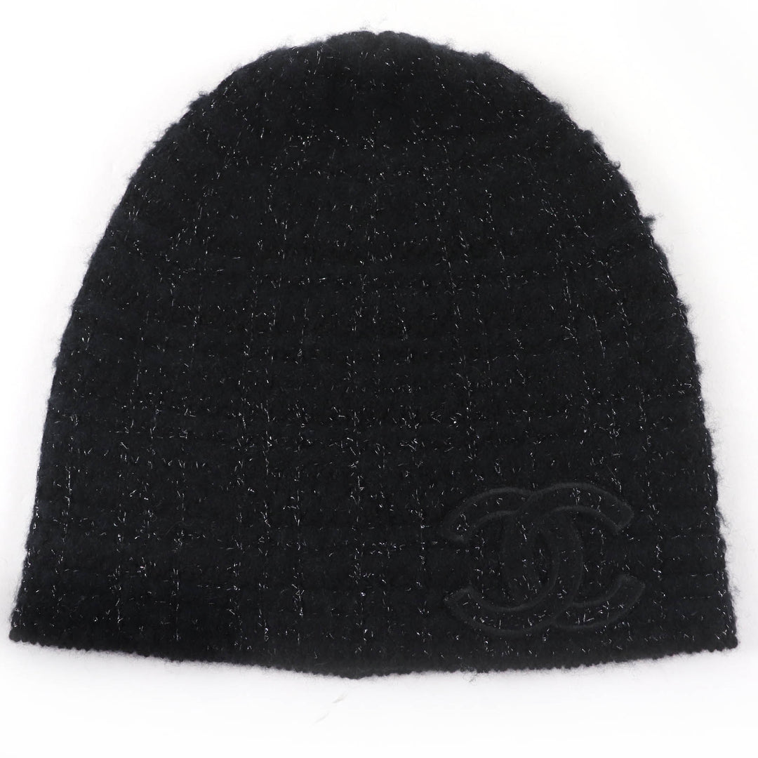 Great CHANEL Knit cap COCO Mark Tweed black cashmere Women