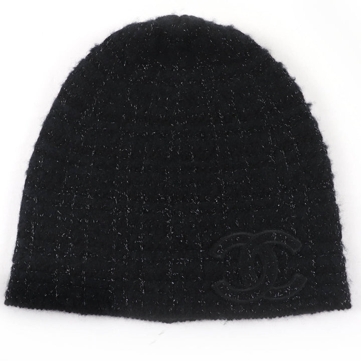 Great CHANEL Knit cap COCO Mark Tweed black cashmere Women