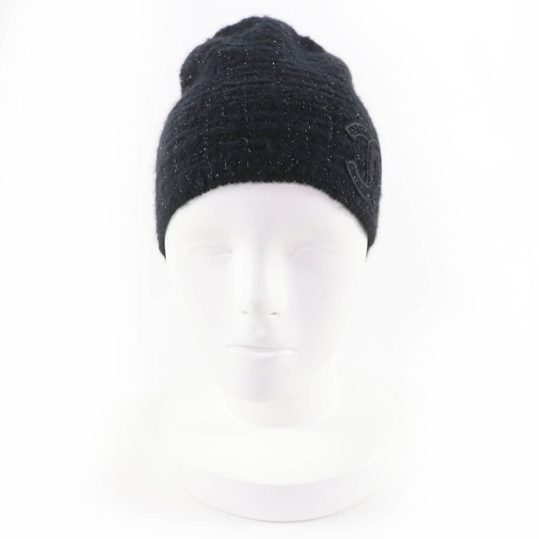 Great CHANEL Knit cap COCO Mark Tweed black cashmere Women