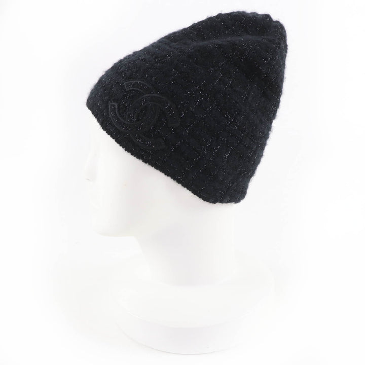 Great CHANEL Knit cap COCO Mark Tweed black cashmere Women