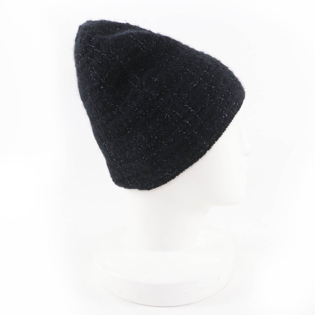 Great CHANEL Knit cap COCO Mark Tweed black cashmere Women