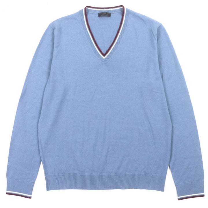 Great PRADA sweater V-neck knit blue wool mens 52 UMA793