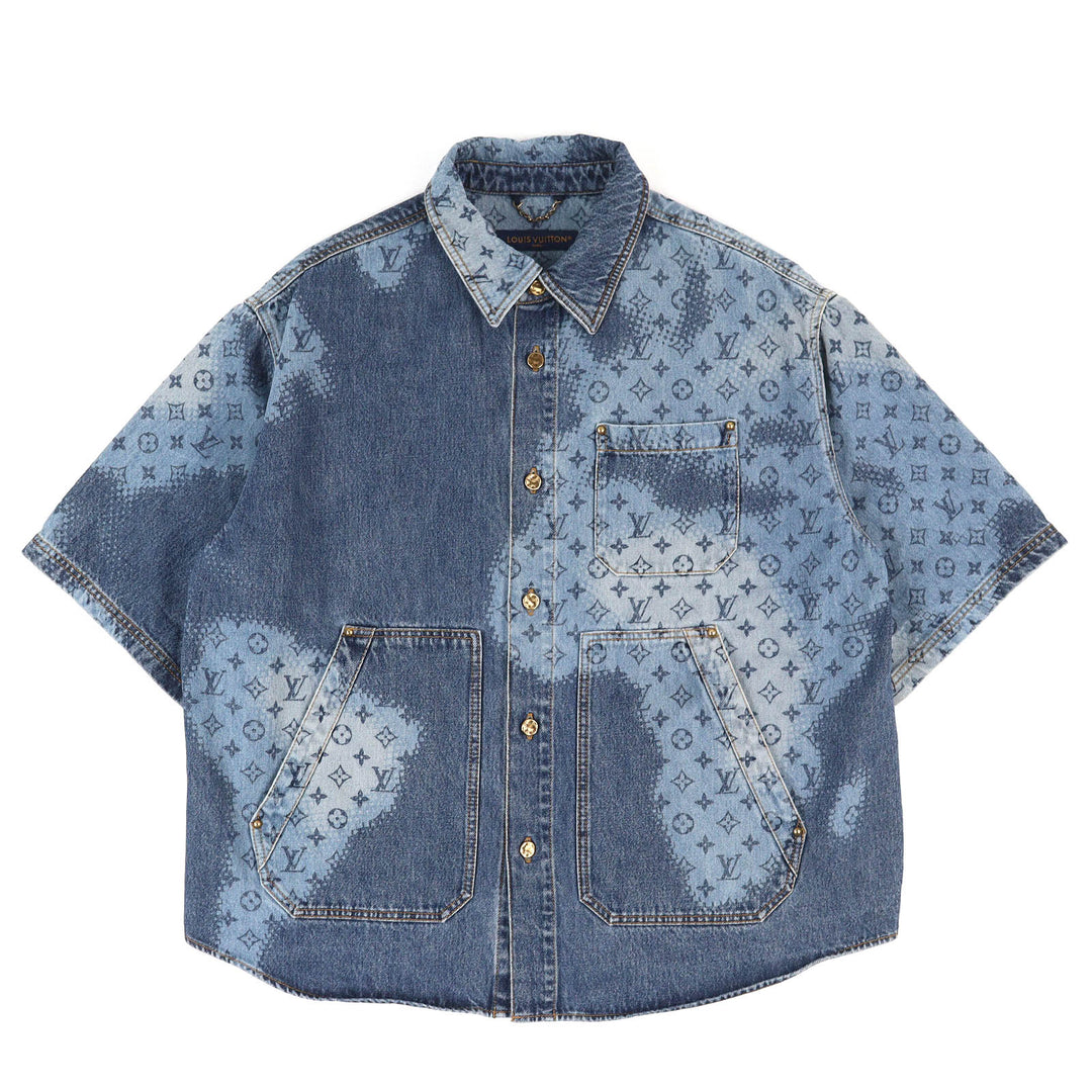Excellent LOUIS VUITTON Monogram Gradient Short Sleeve Denim Shirt Indigo L