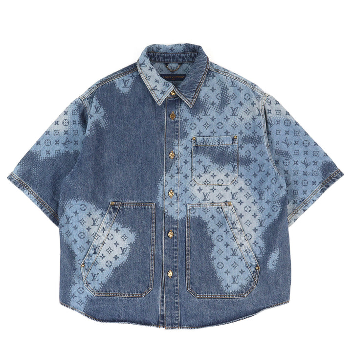 Excellent LOUIS VUITTON Monogram Gradient Short Sleeve Denim Shirt Indigo L