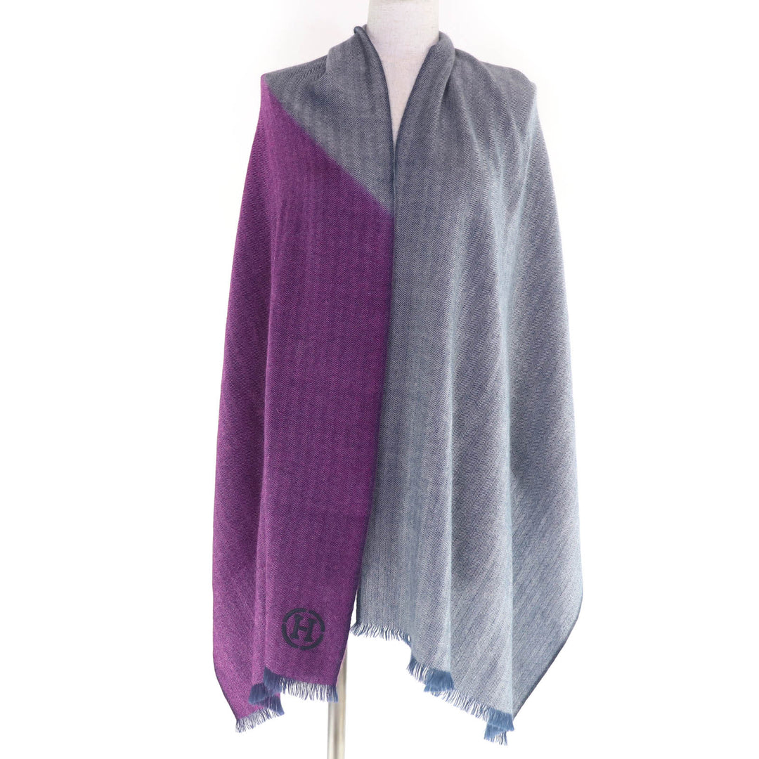 Great HERMES Stall H Logo Leather Patch Large Shawl purple cashmere Women