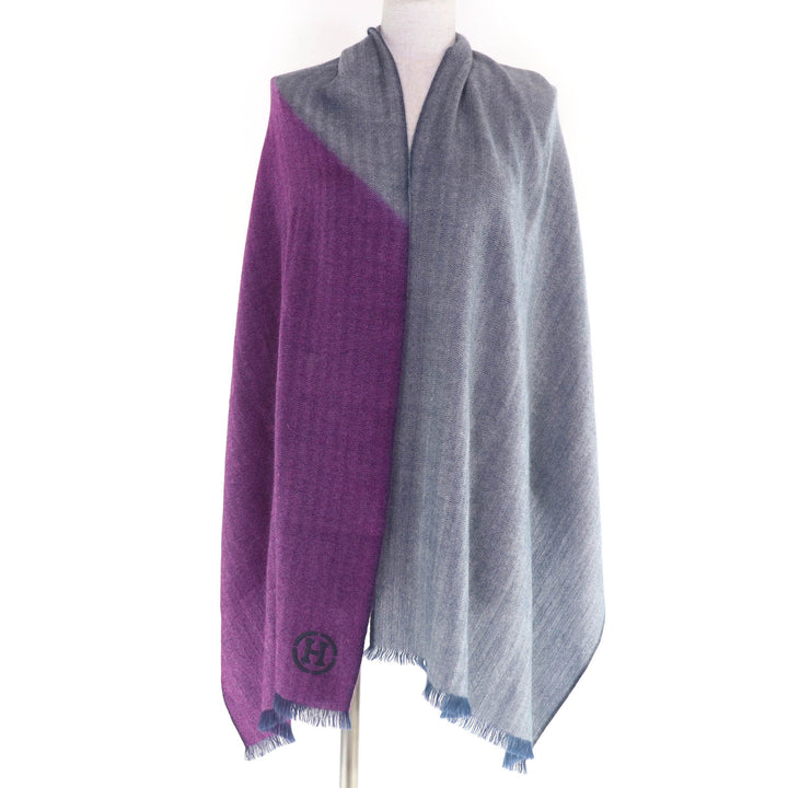 Great HERMES Stall H Logo Leather Patch Large Shawl purple cashmere Women