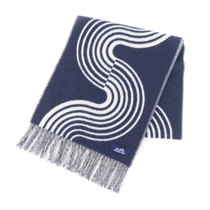 Excellent HERMES Scarf Kazak Varg With fringe Navy cashmere Women