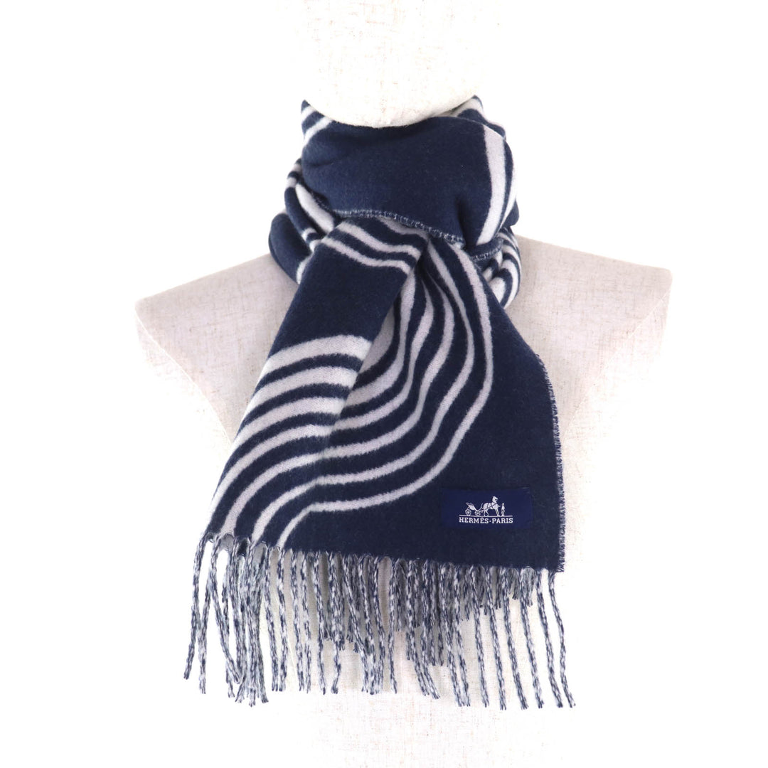 Excellent HERMES Scarf Kazak Varg With fringe Navy cashmere Women
