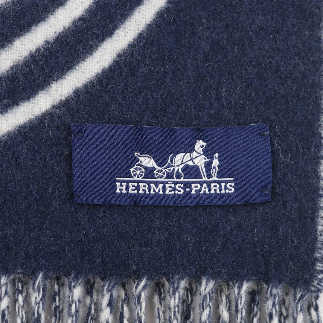 Excellent HERMES Scarf Kazak Varg With fringe Navy cashmere Women