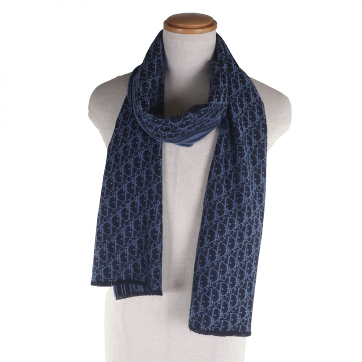 Great DIOR Scarf Oblique fringed stole blue cashmere mens 93E008A0320