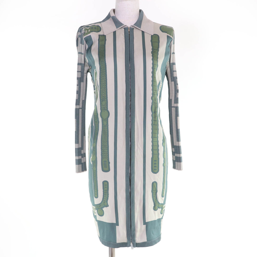 Excellent HERMES one piece Twill Rail Long Sleeve Knit green silk 42 2H2837D5