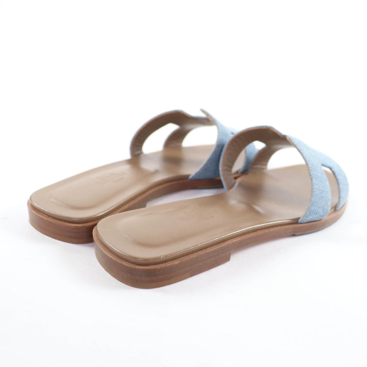 Great HERMES Sandals Oran H Motif Denim and Leather Flats Indigo denim Women 36
