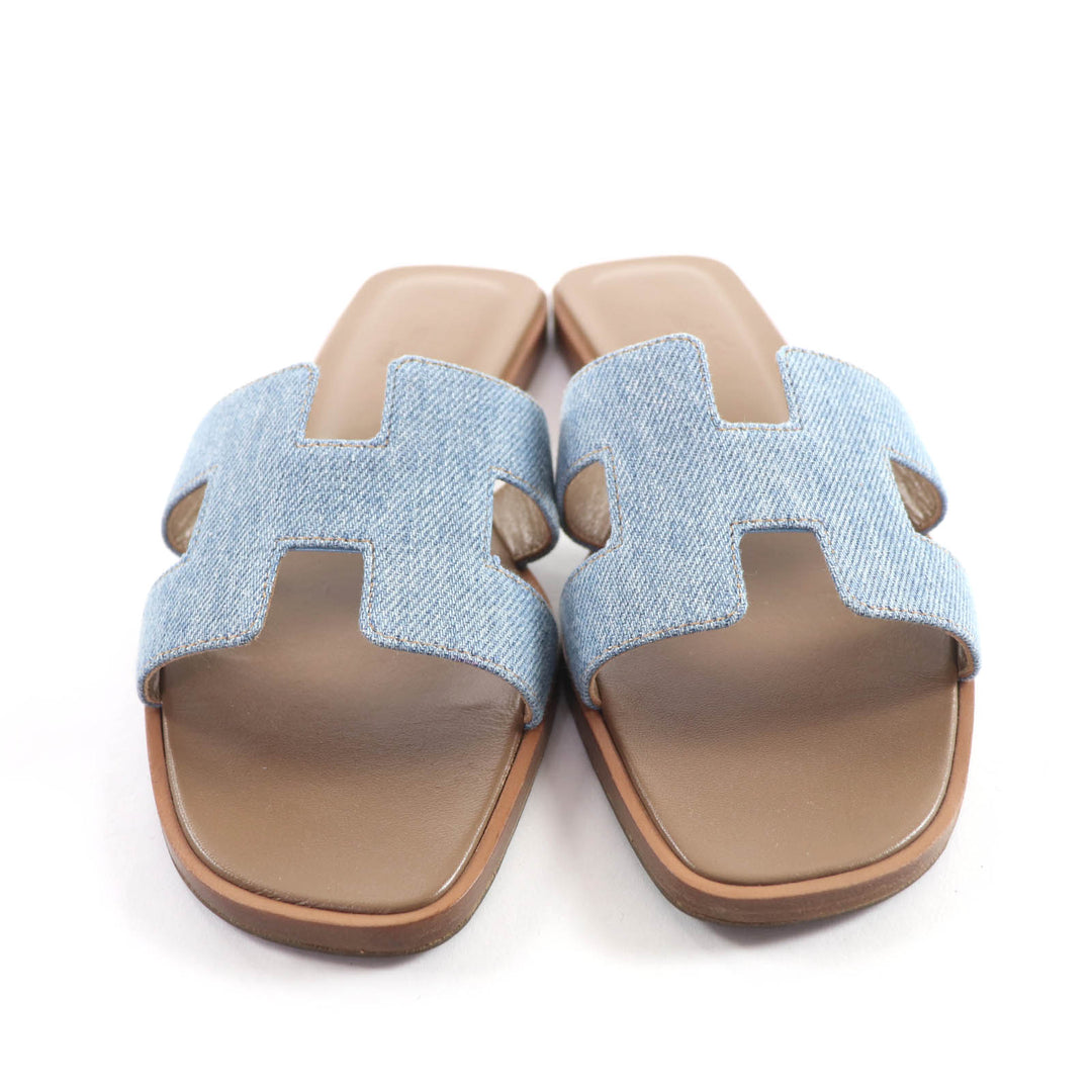 Great HERMES Sandals Oran H Motif Denim and Leather Flats Indigo denim Women 36