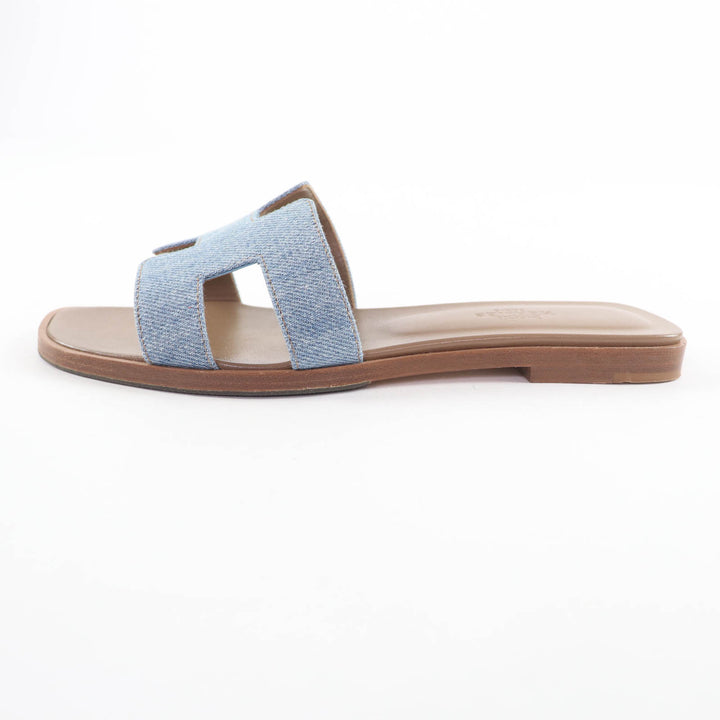 Great HERMES Sandals Oran H Motif Denim and Leather Flats Indigo denim Women 36