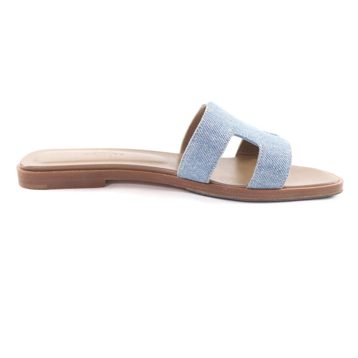 Great HERMES Sandals Oran H Motif Denim and Leather Flats Indigo denim Women 36