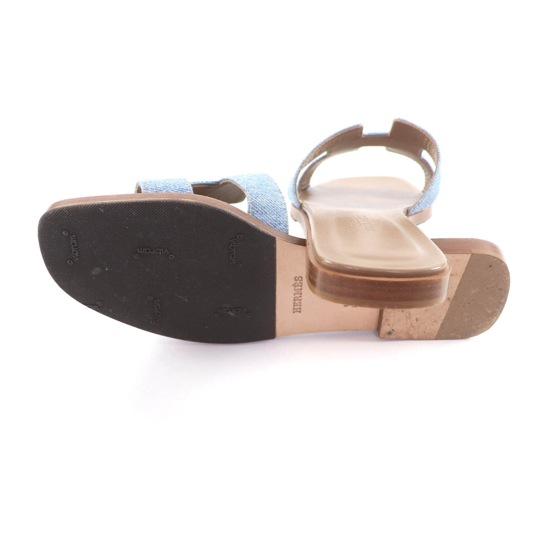 Great HERMES Sandals Oran H Motif Denim and Leather Flats Indigo denim Women 36