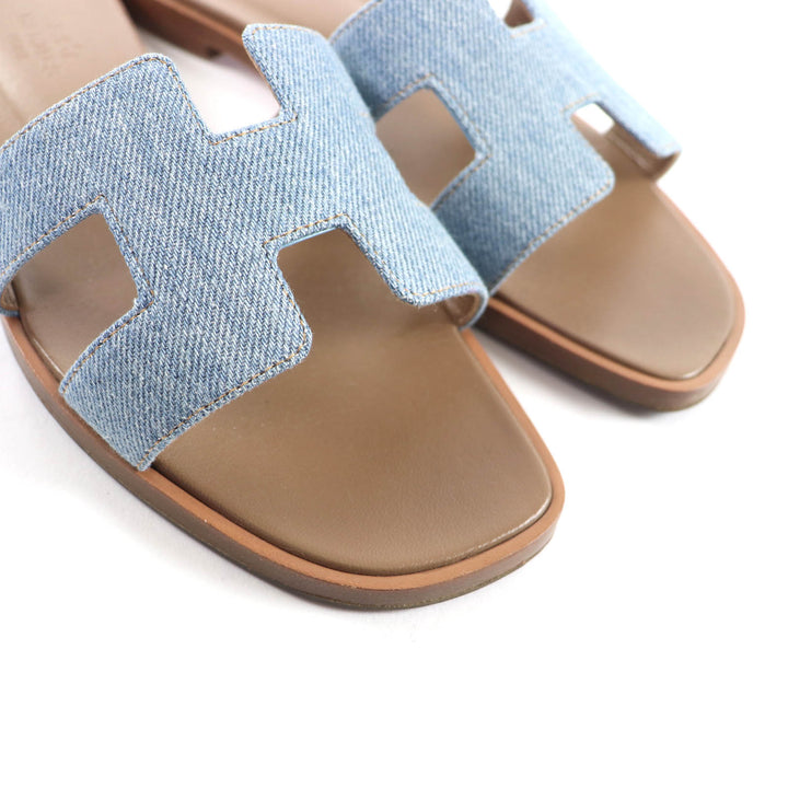 Great HERMES Sandals Oran H Motif Denim and Leather Flats Indigo denim Women 36