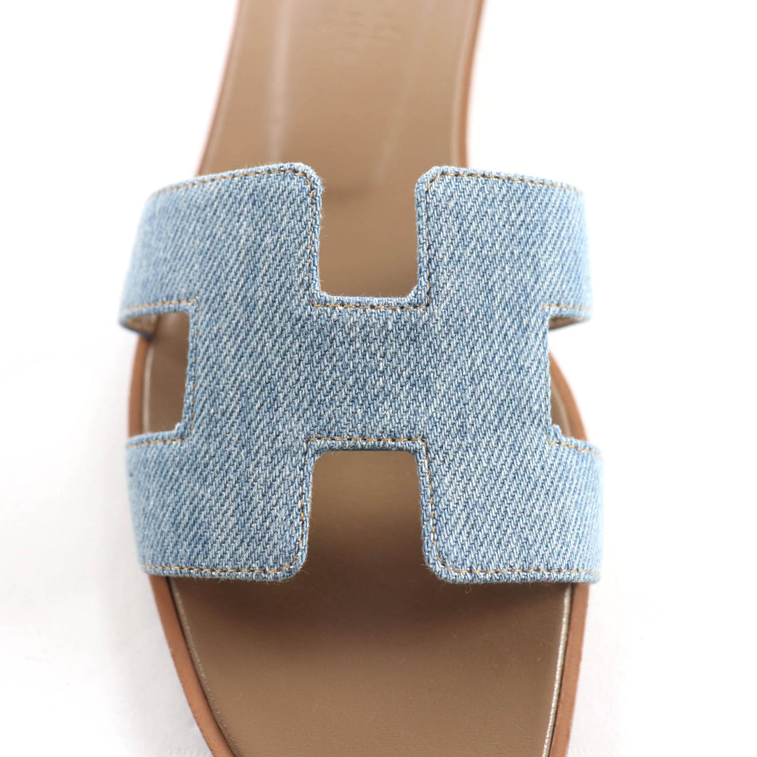 Great HERMES Sandals Oran H Motif Denim and Leather Flats Indigo denim Women 36