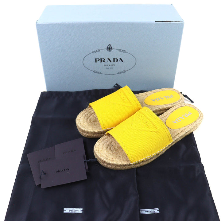 Excellent PRADA Triangle Logo Canvas Espadrille Flat Sandals yellow 37 1XX619