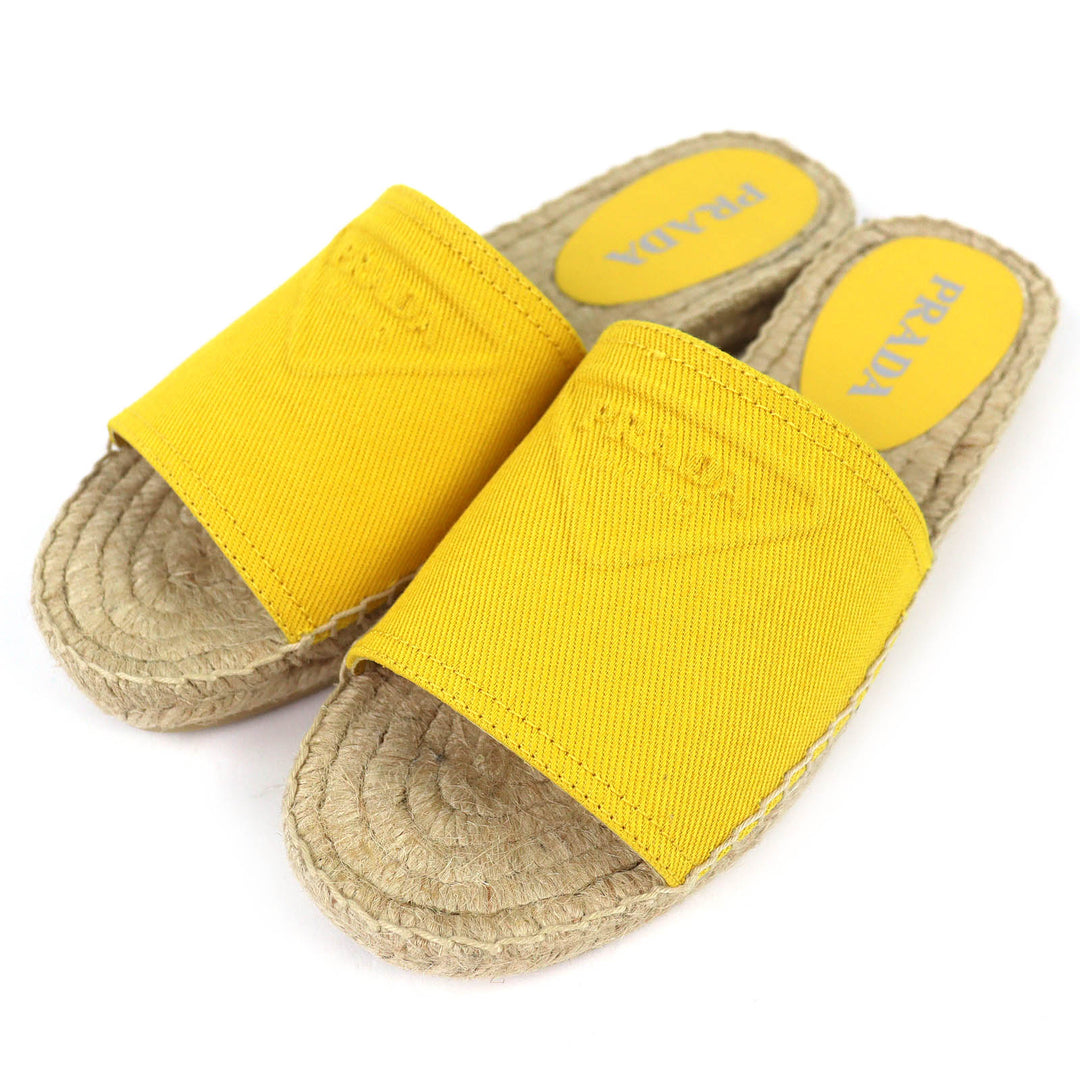 Excellent PRADA Triangle Logo Canvas Espadrille Flat Sandals yellow 37 1XX619