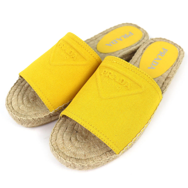Excellent PRADA Triangle Logo Canvas Espadrille Flat Sandals yellow 37 1XX619