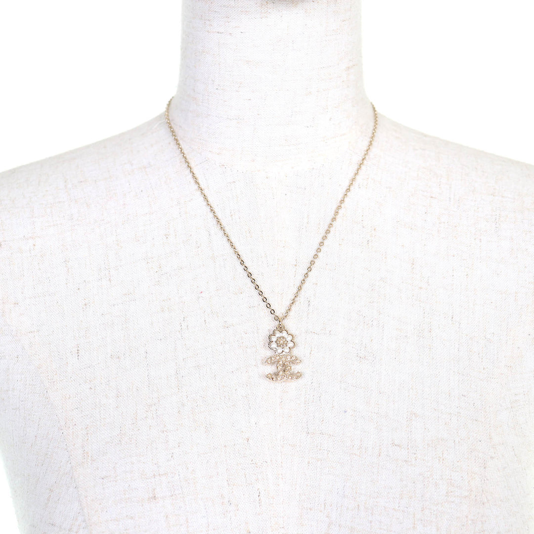 Excellent CHANEL Necklace Camellia COCO Mark Rhinestone Faux Pearl gold B22K
