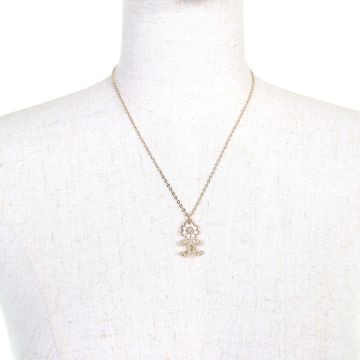 Excellent CHANEL Necklace Camellia COCO Mark Rhinestone Faux Pearl gold B22K