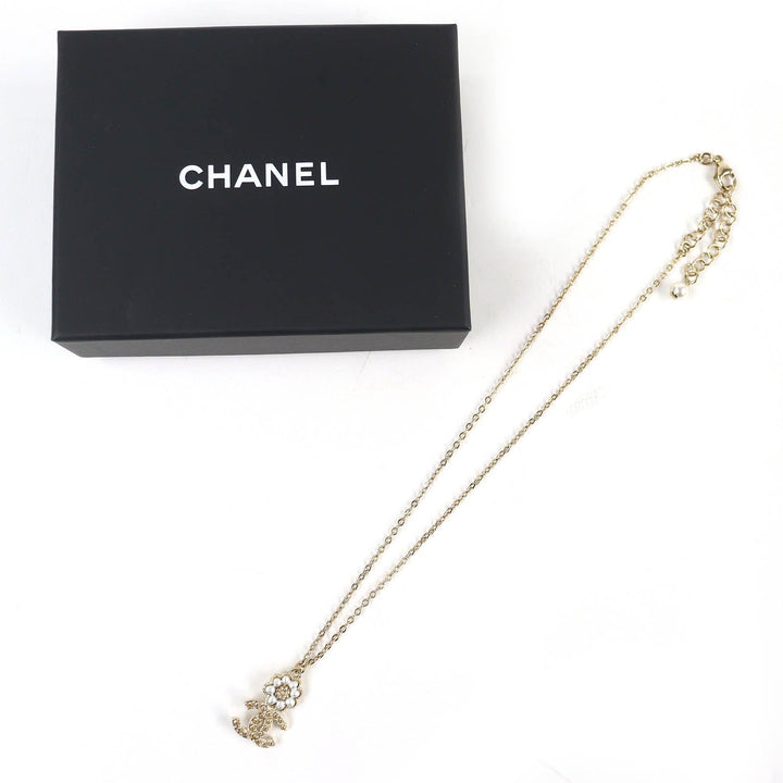 Excellent CHANEL Necklace Camellia COCO Mark Rhinestone Faux Pearl gold B22K